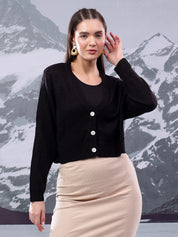 KOTTY Self Design V Neck Casual Women Black Sweater 