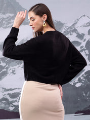 KOTTY Self Design V Neck Casual Women Black Sweater 