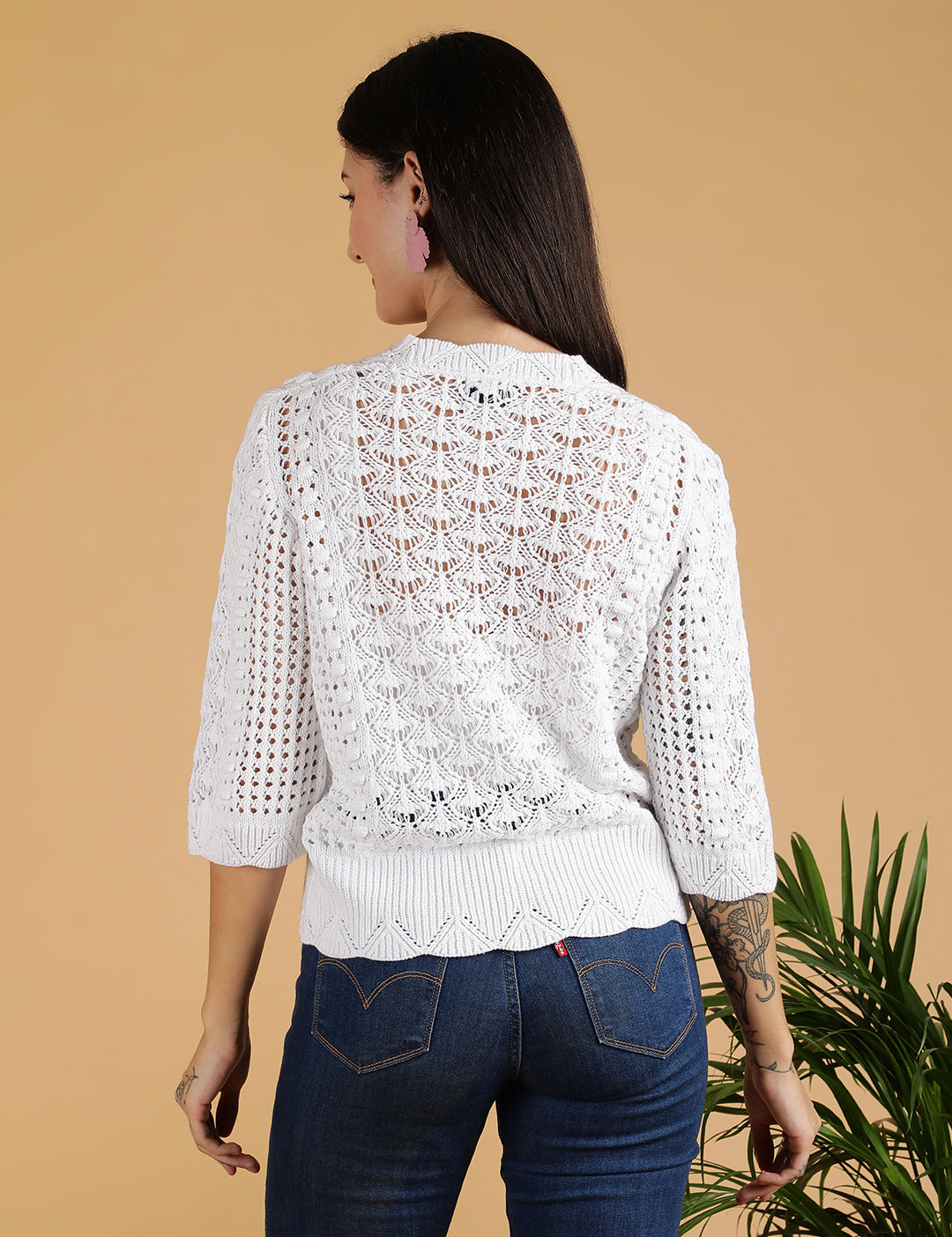KOTTY Solid V Neck Casual Women White Sweater 