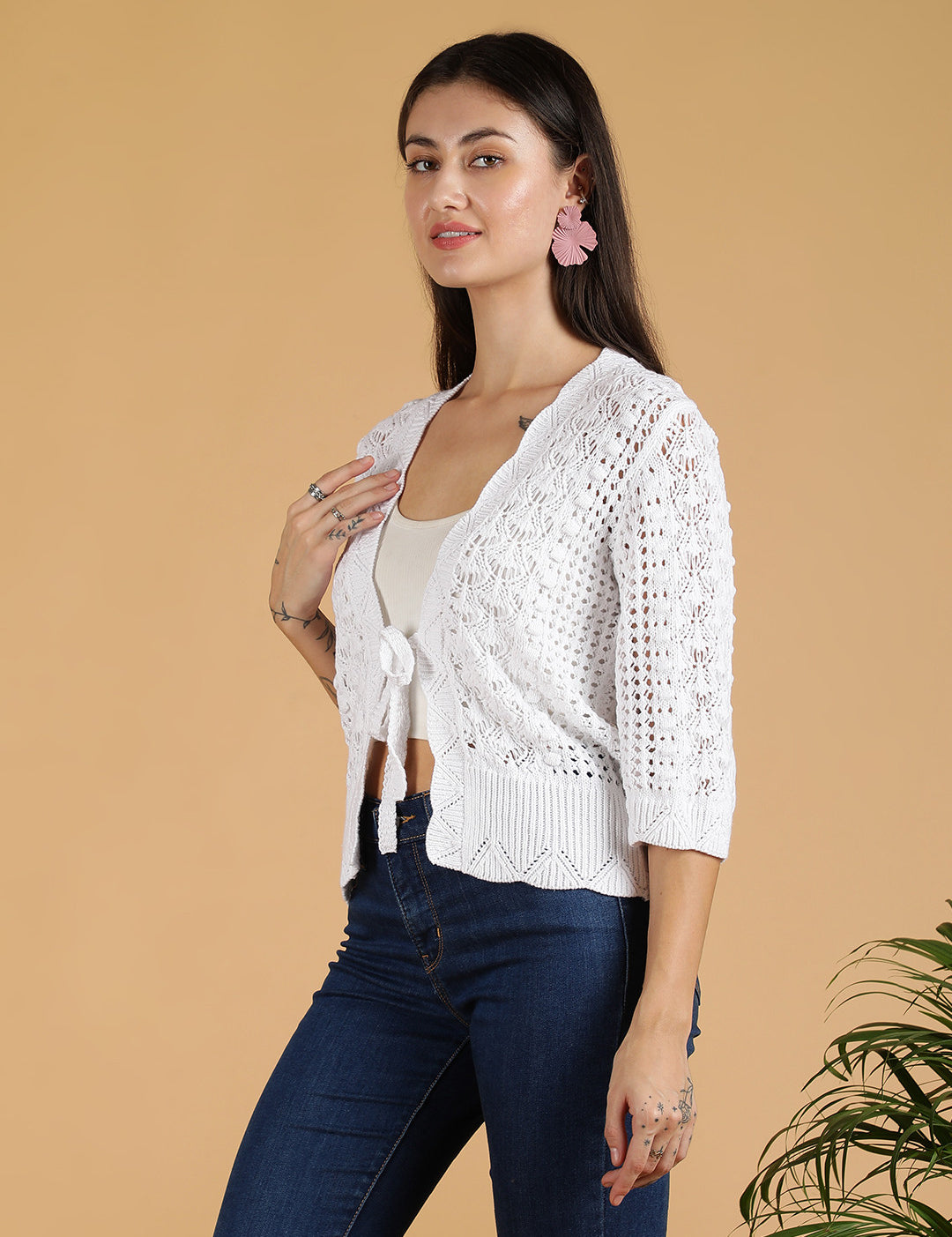 KOTTY Solid V Neck Casual Women White Sweater 