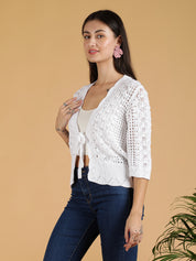 KOTTY Solid V Neck Casual Women White Sweater 