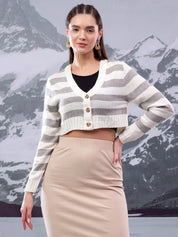 KOTTY Striped V Neck Casual Women Grey Sweater 