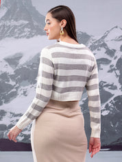KOTTY Striped V Neck Casual Women Grey Sweater 