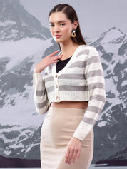 KOTTY Striped V Neck Casual Women Grey Sweater 