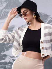 KOTTY Striped V Neck Casual Women Grey Sweater 