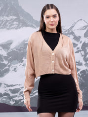 KOTTY Solid V Neck Casual Women Beige Sweater 