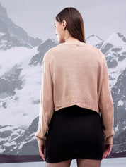 KOTTY Solid V Neck Casual Women Beige Sweater 