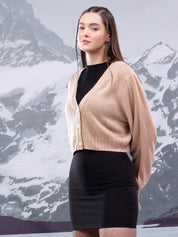 KOTTY Solid V Neck Casual Women Beige Sweater 