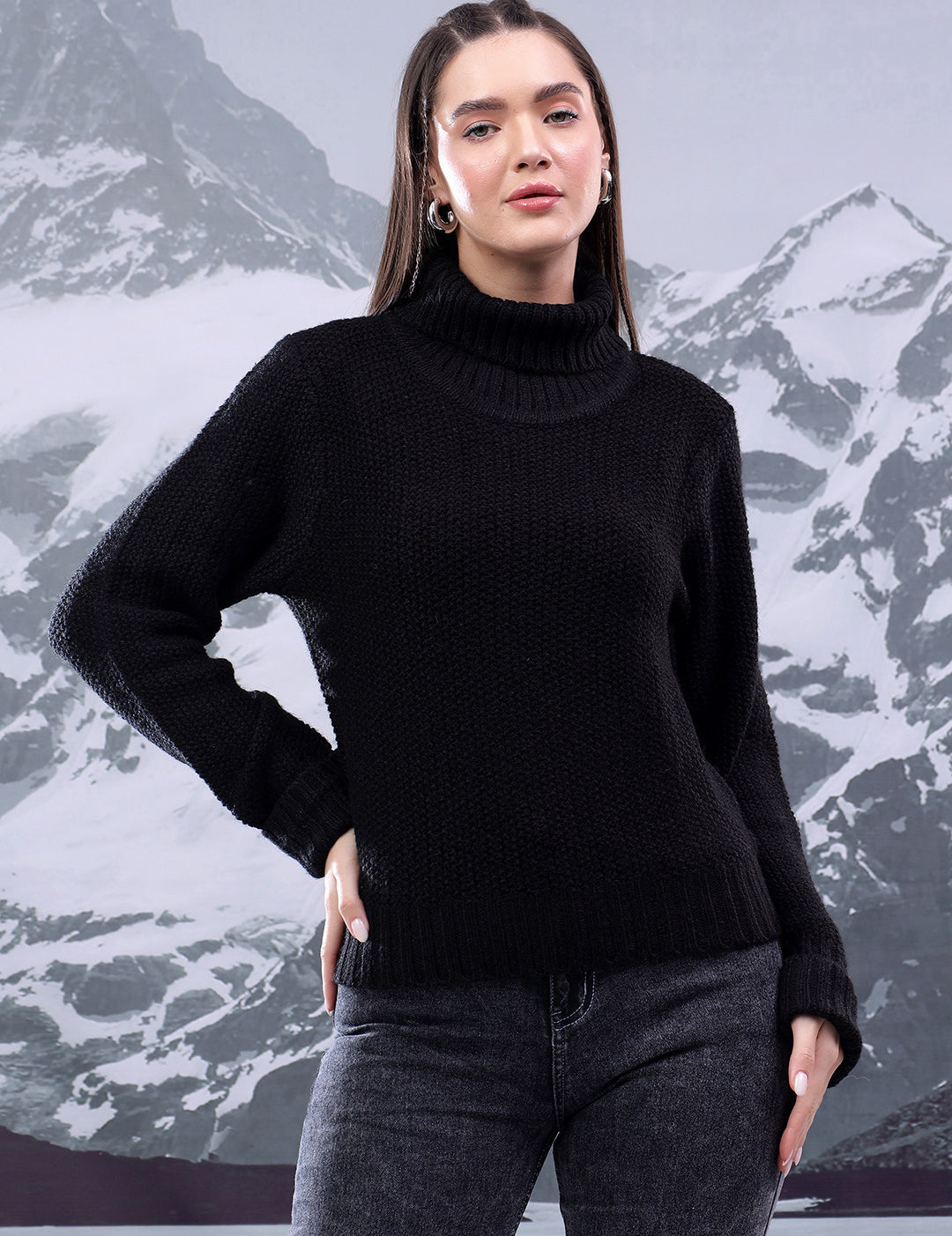KOTTY Solid High Neck Casual Women Black Sweater 