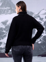 KOTTY Solid High Neck Casual Women Black Sweater 