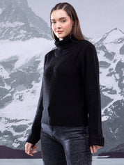 KOTTY Solid High Neck Casual Women Black Sweater 