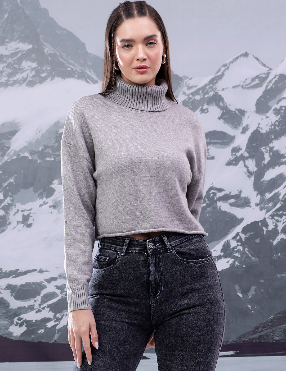 KOTTY Solid High Neck Casual Women Grey Sweater 