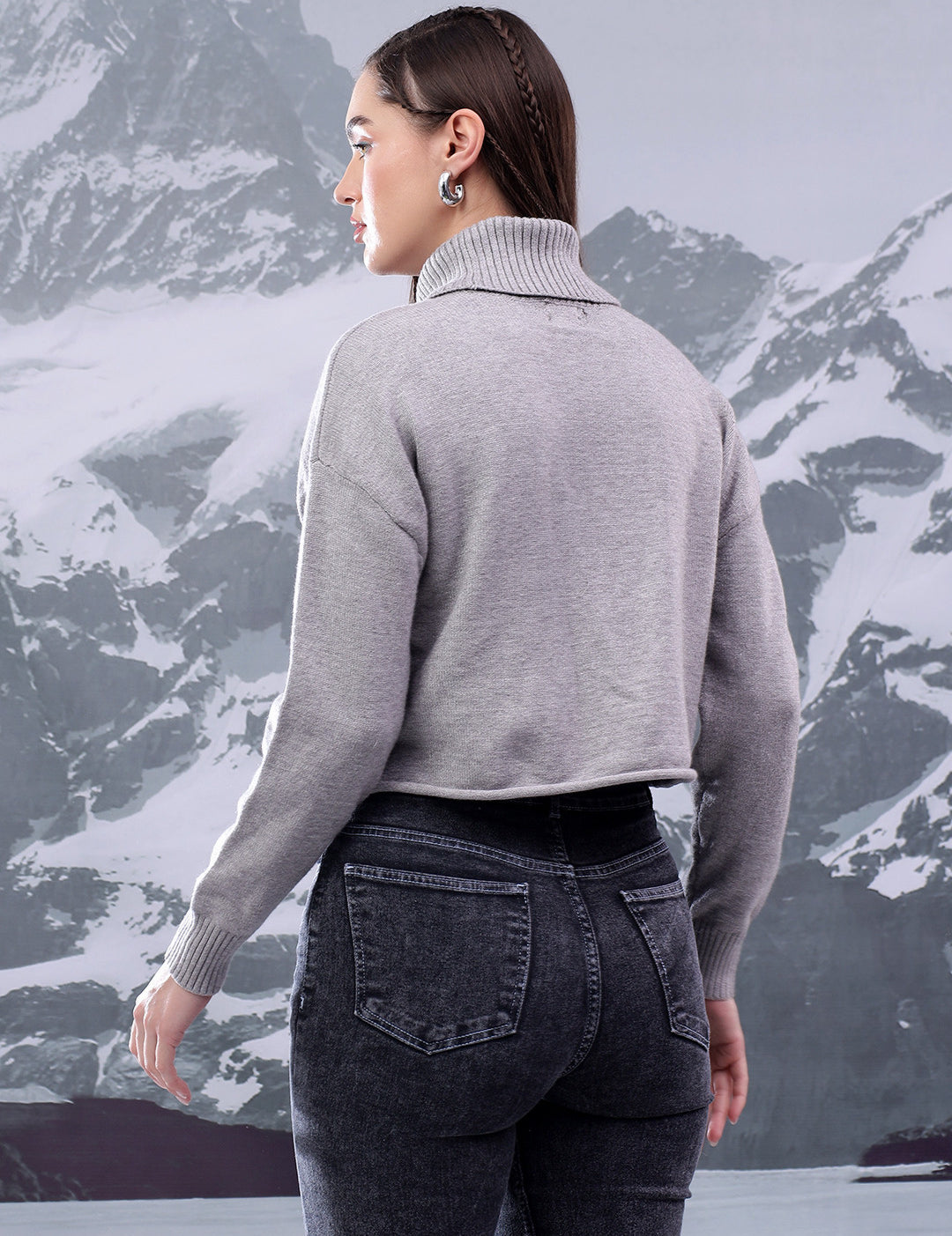 KOTTY Solid High Neck Casual Women Grey Sweater 