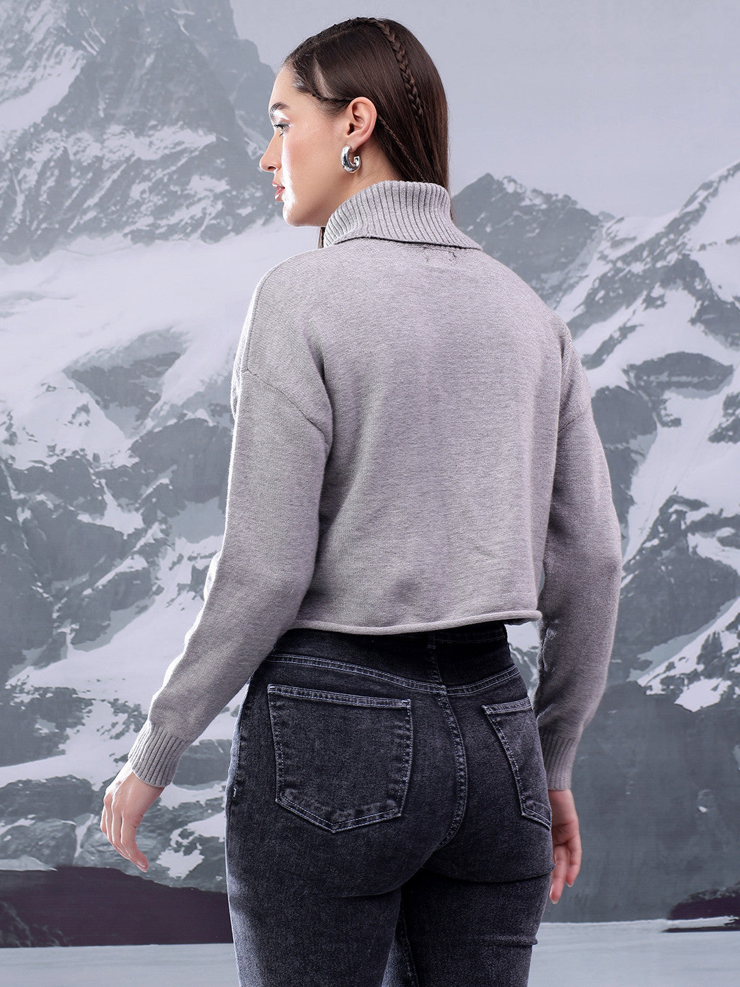 KOTTY Solid High Neck Casual Women Grey Sweater 