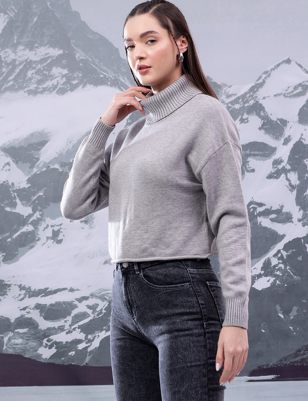 KOTTY Solid High Neck Casual Women Grey Sweater 
