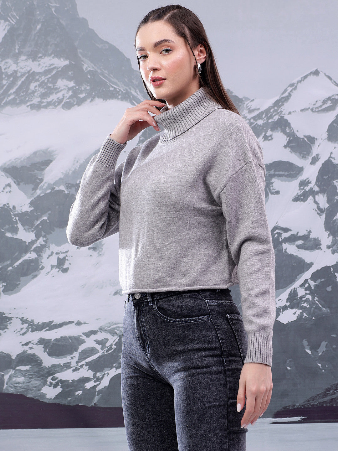 KOTTY Solid High Neck Casual Women Grey Sweater 