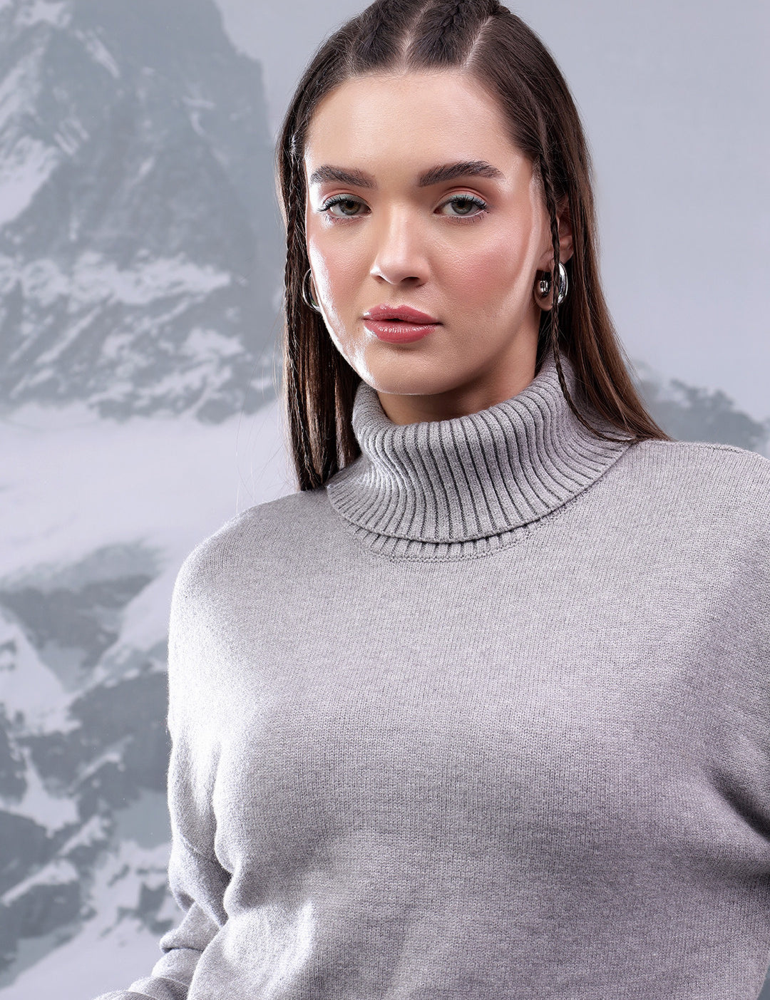KOTTY Solid High Neck Casual Women Grey Sweater 