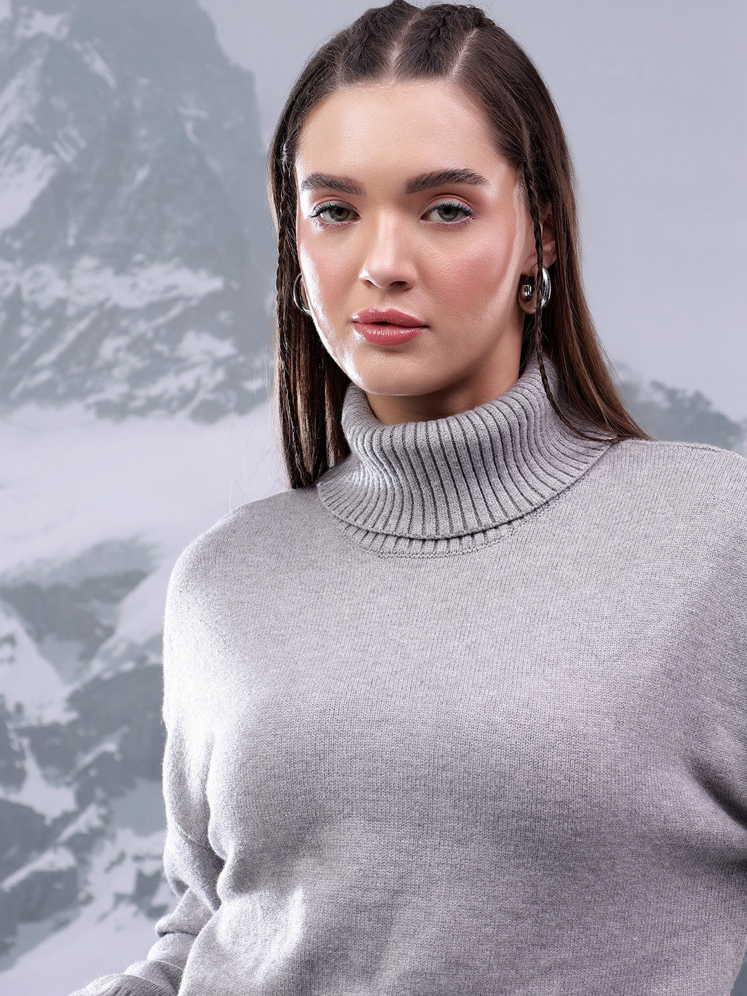 KOTTY Solid High Neck Casual Women Grey Sweater 