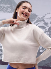 KOTTY Solid High Neck Casual Women White Sweater 