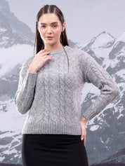 KOTTY Self Design Round Neck Casual Women Grey Sweater 