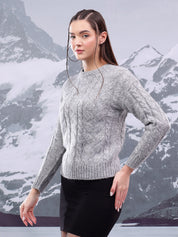KOTTY Self Design Round Neck Casual Women Grey Sweater 