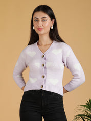KOTTY Printed V Neck Casual Women White Sweater 