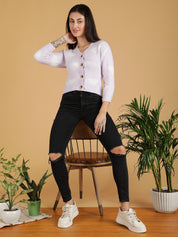 KOTTY Printed V Neck Casual Women White Sweater 