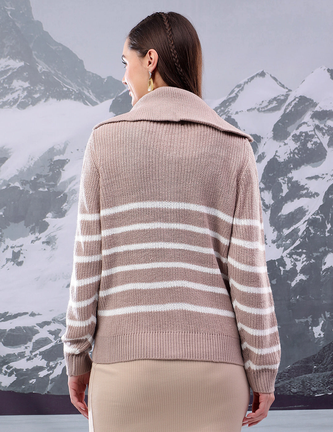 KOTTY Striped Collared Neck Casual Women Beige Sweater 