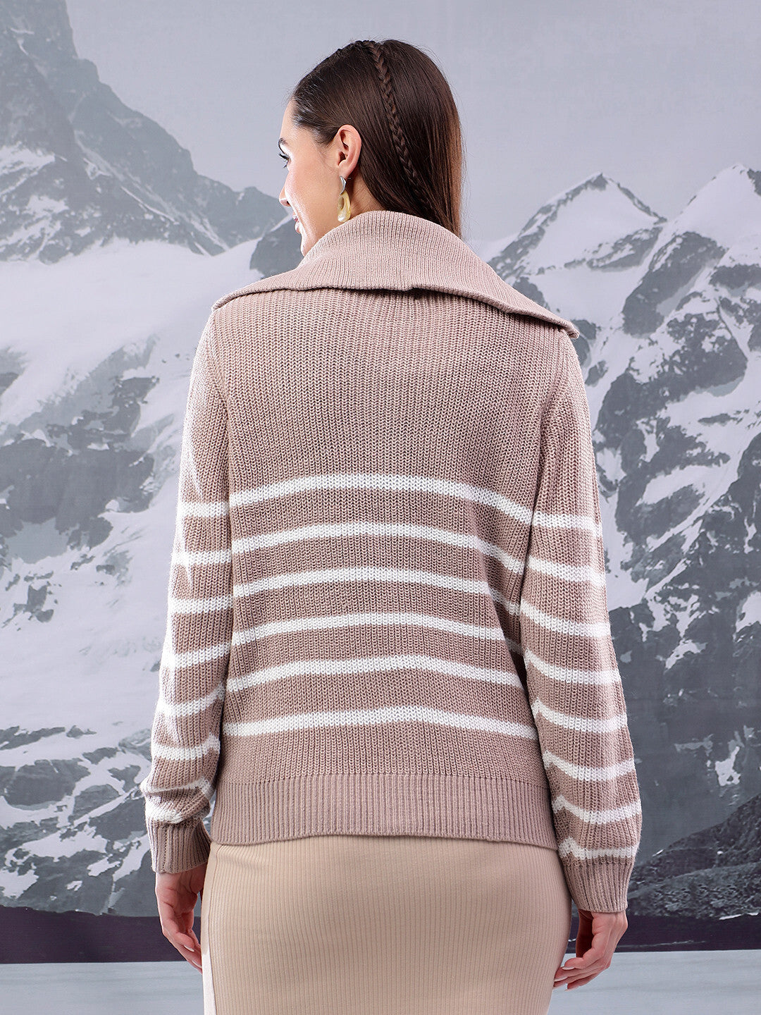 KOTTY Striped Collared Neck Casual Women Beige Sweater 