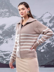 KOTTY Striped Collared Neck Casual Women Beige Sweater 