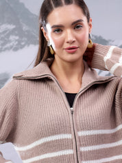 KOTTY Striped Collared Neck Casual Women Beige Sweater 