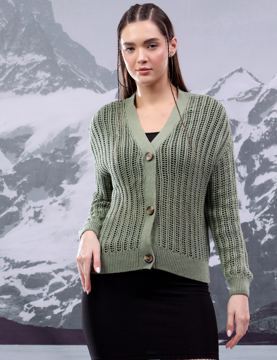 KOTTY Self Design V Neck Casual Women Green Sweater 