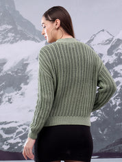 KOTTY Self Design V Neck Casual Women Green Sweater 