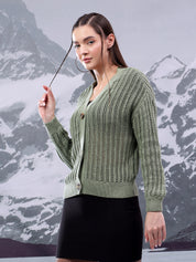 KOTTY Self Design V Neck Casual Women Green Sweater 
