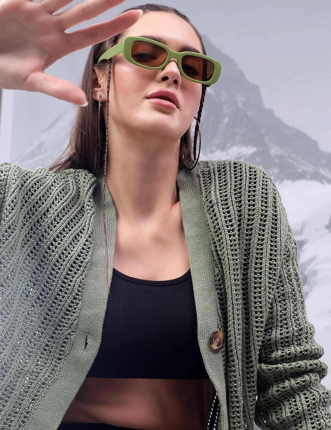 KOTTY Self Design V Neck Casual Women Green Sweater 