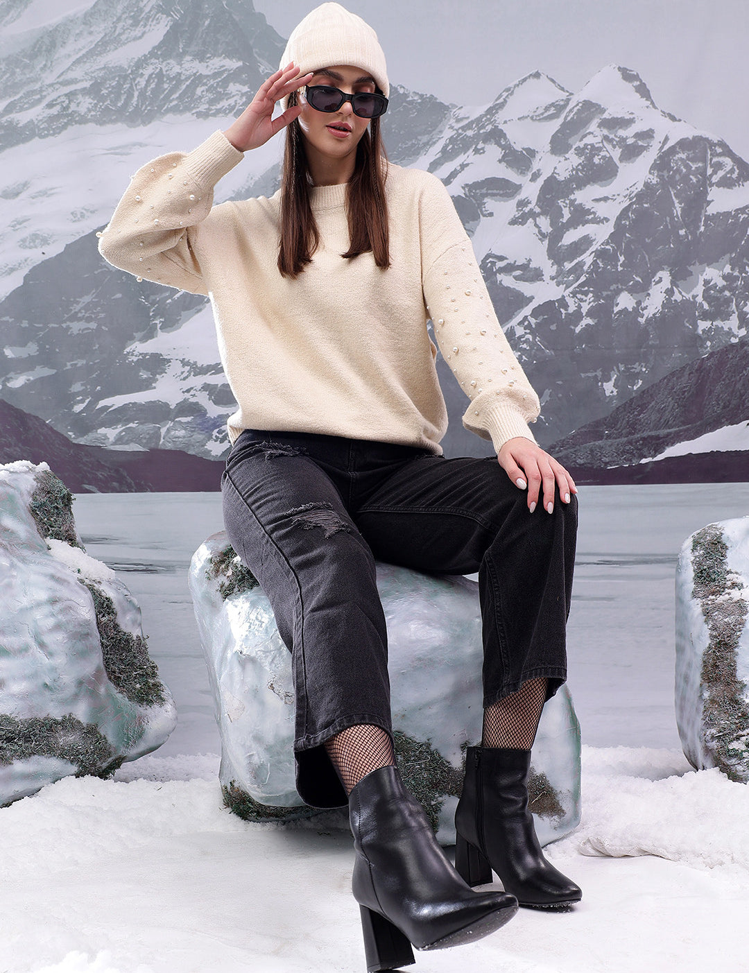 KOTTY Solid Round Neck Casual Women Beige Sweater 