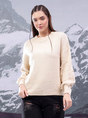 KOTTY Solid Round Neck Casual Women Beige Sweater 