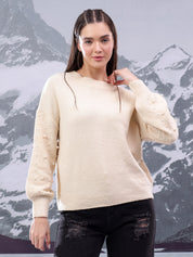 KOTTY Solid Round Neck Casual Women Beige Sweater 