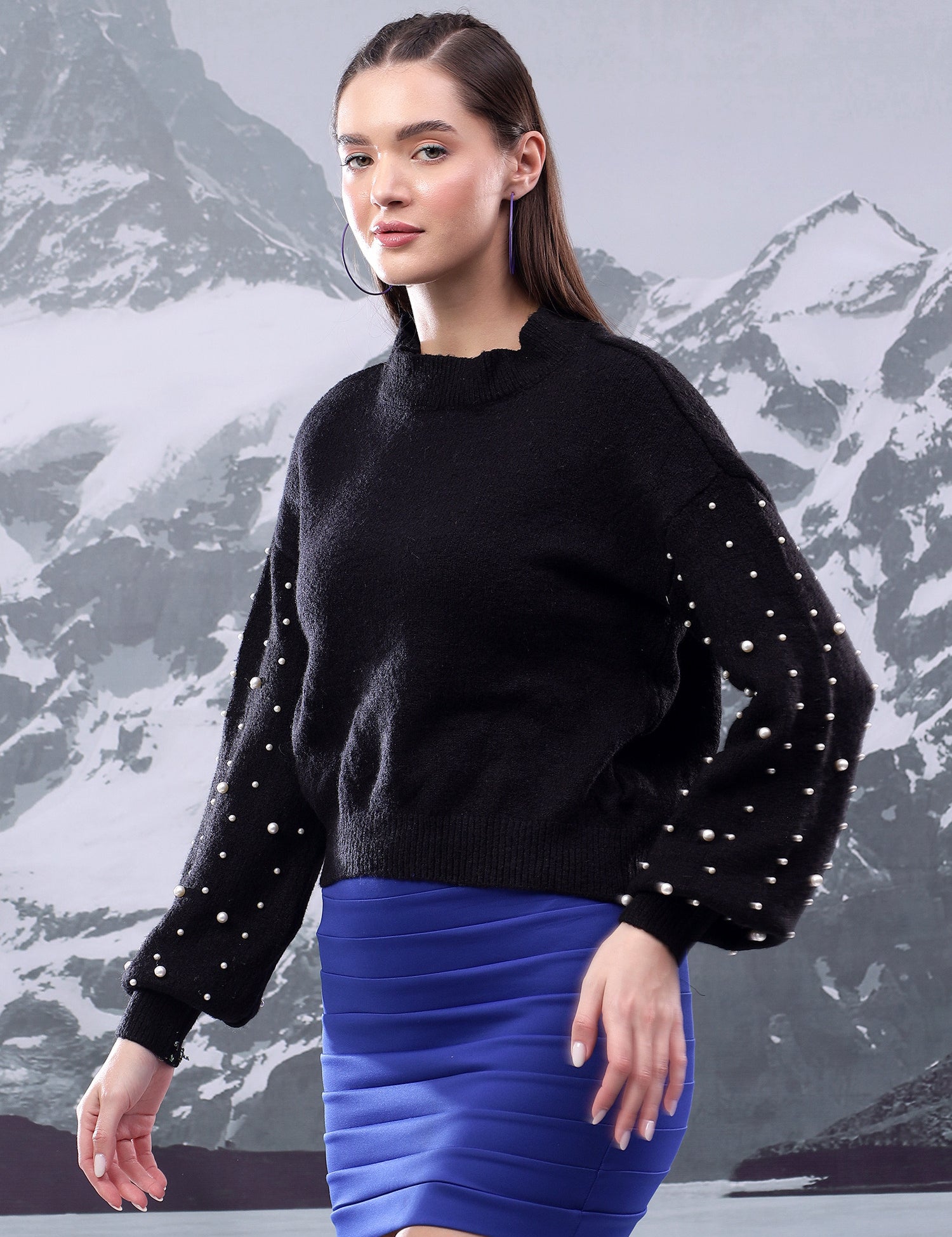KOTTY Solid High Neck Casual Women Black Sweater 
