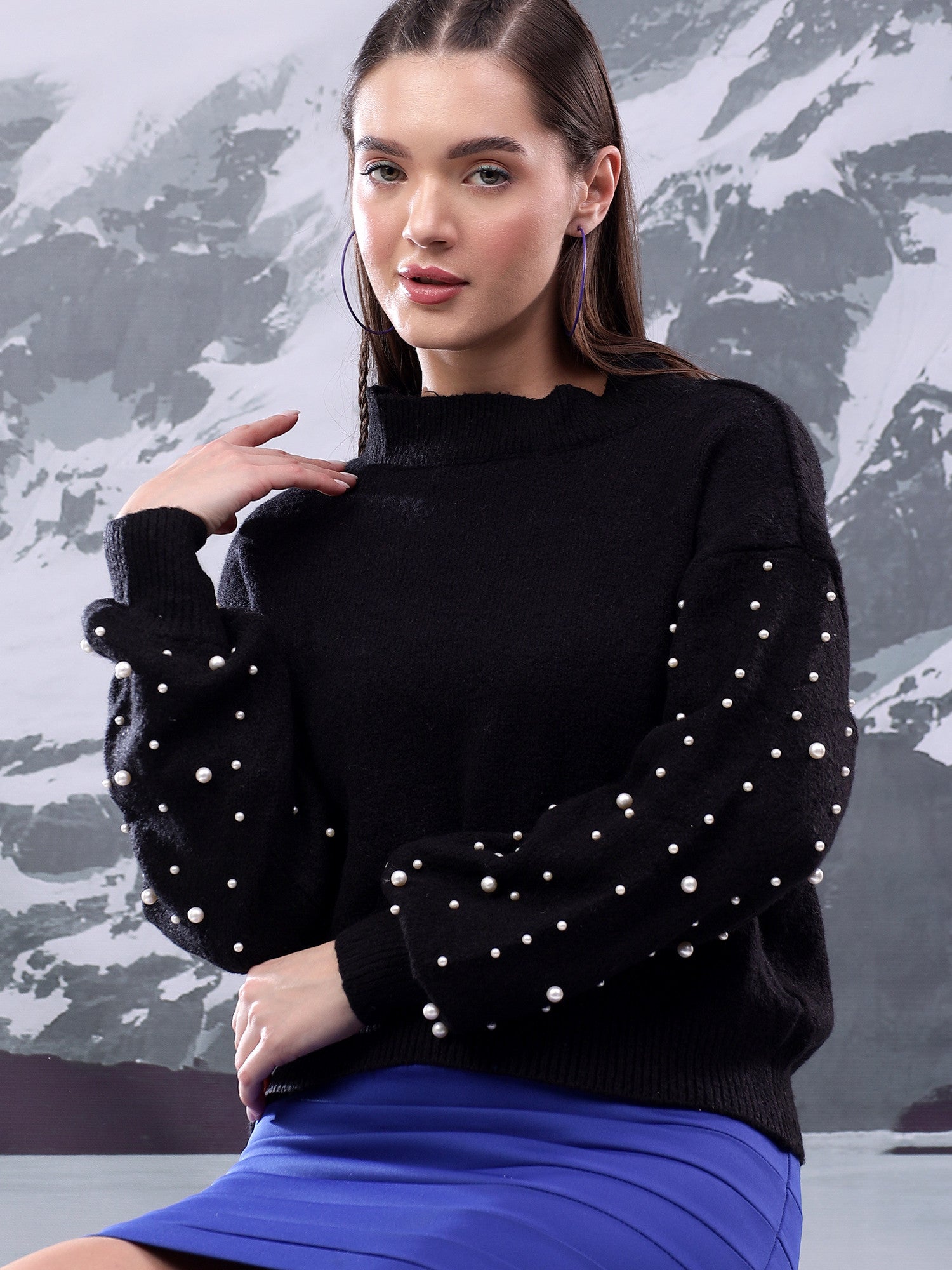 KOTTY Solid High Neck Casual Women Black Sweater 