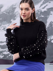 KOTTY Solid High Neck Casual Women Black Sweater 