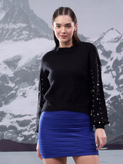 KOTTY Solid High Neck Casual Women Black Sweater 
