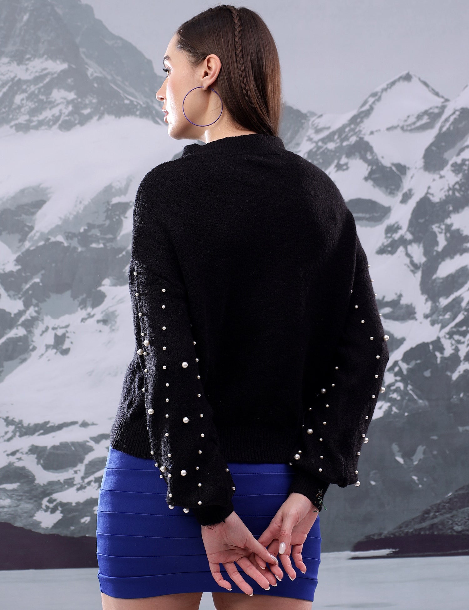 KOTTY Solid High Neck Casual Women Black Sweater 
