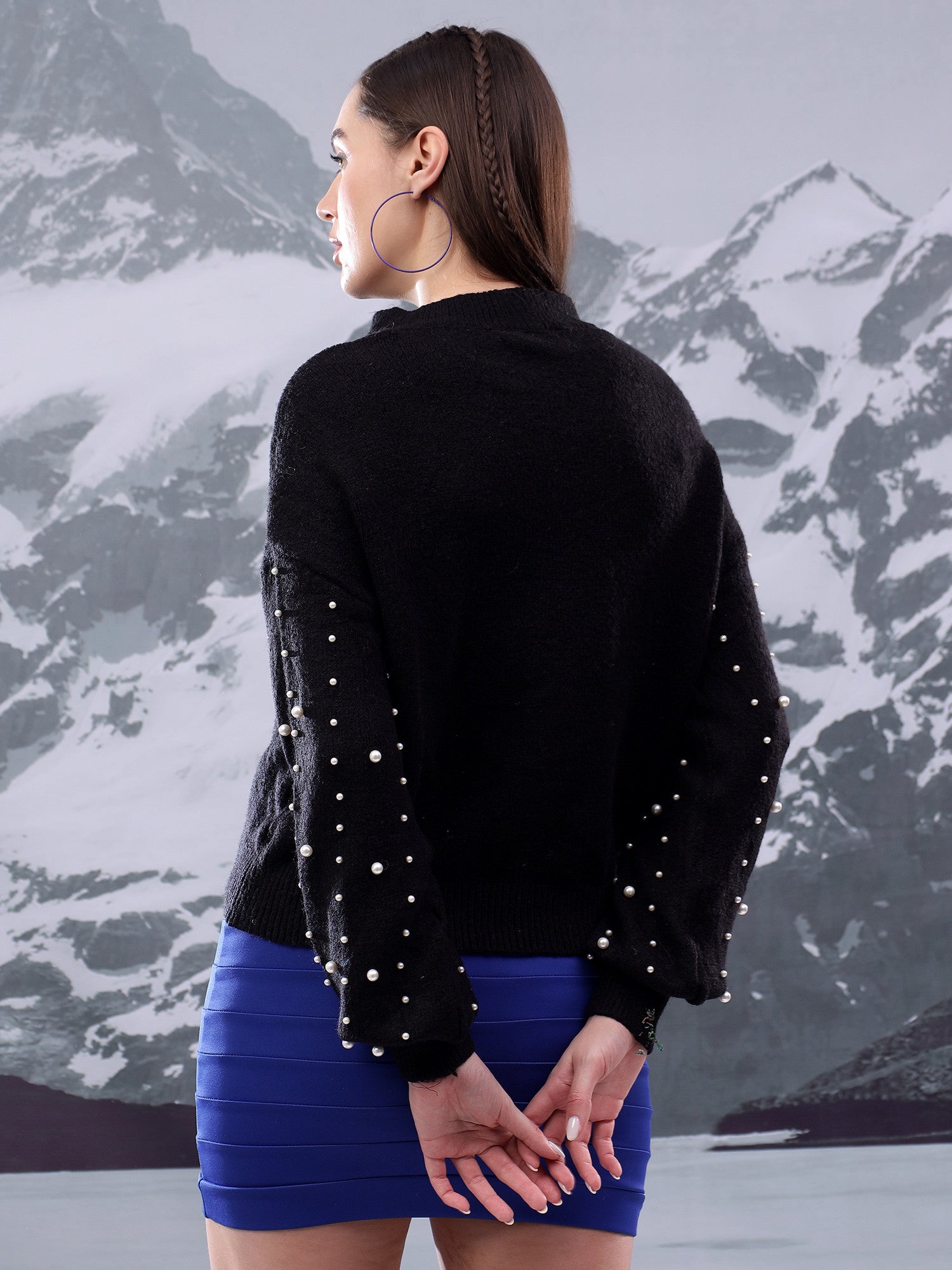 KOTTY Solid High Neck Casual Women Black Sweater 