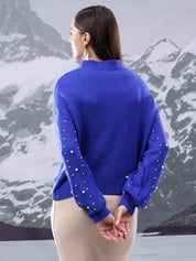 KOTTY Solid High Neck Casual Women Blue Sweater 