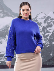 KOTTY Solid High Neck Casual Women Blue Sweater 