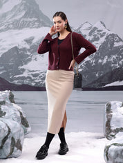 KOTTY Solid V Neck Casual Women Maroon Sweater 