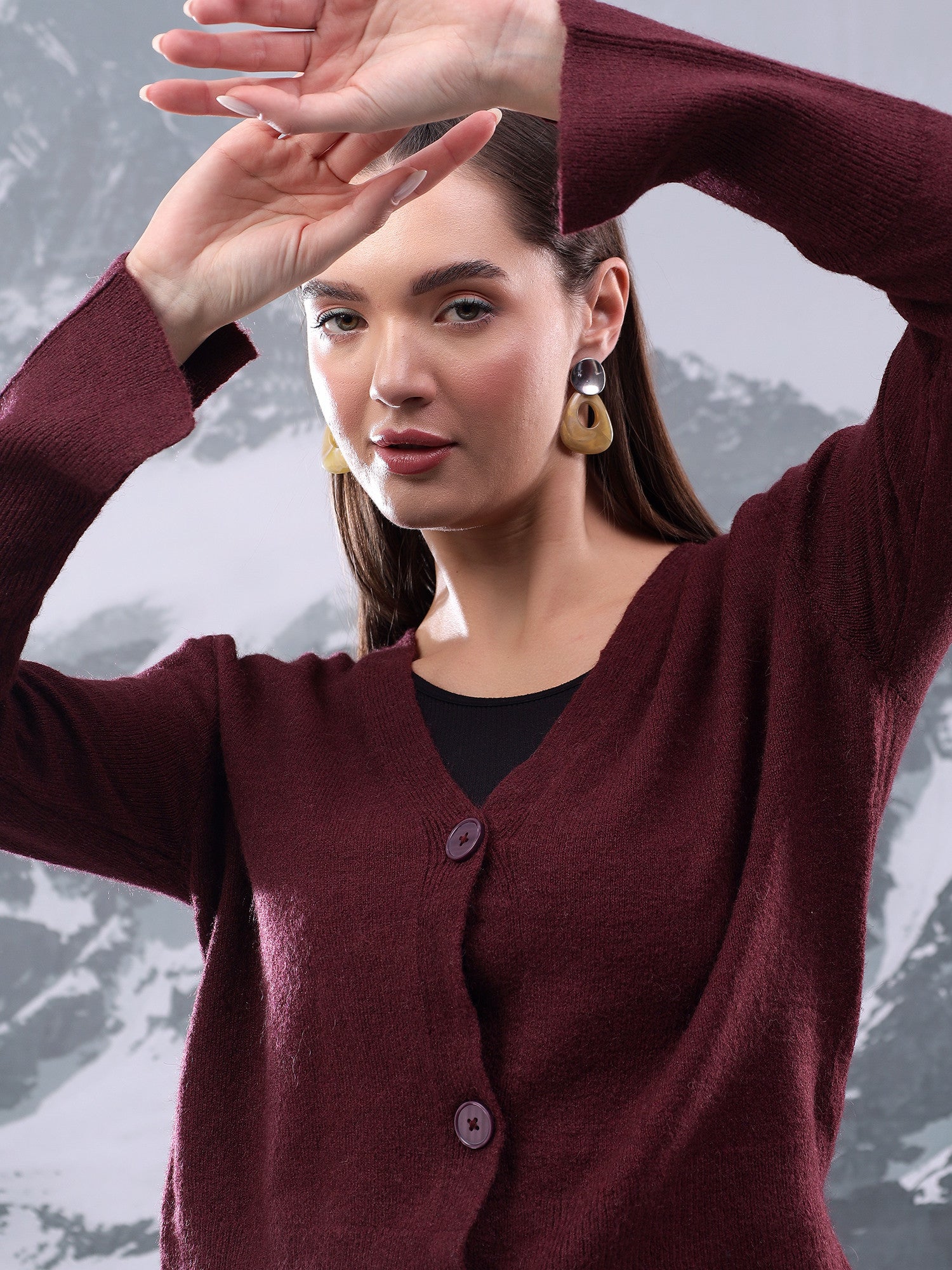 KOTTY Solid V Neck Casual Women Maroon Sweater 