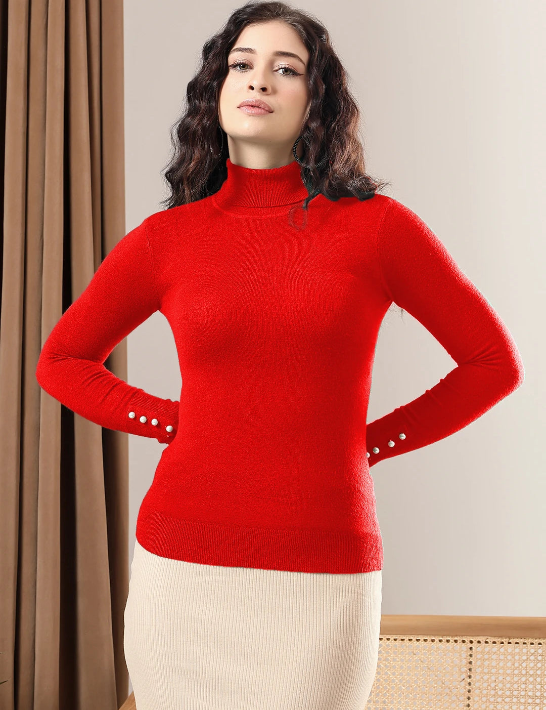 KOTTY Solid High Neck Casual Women Red Sweater 
