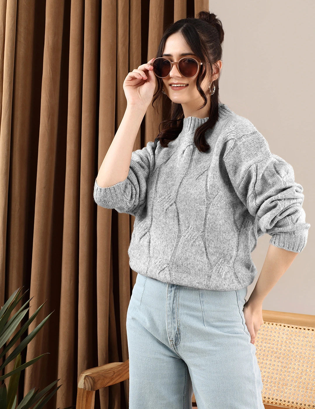 KOTTY Self Design High Neck Casual Women Grey Sweater 